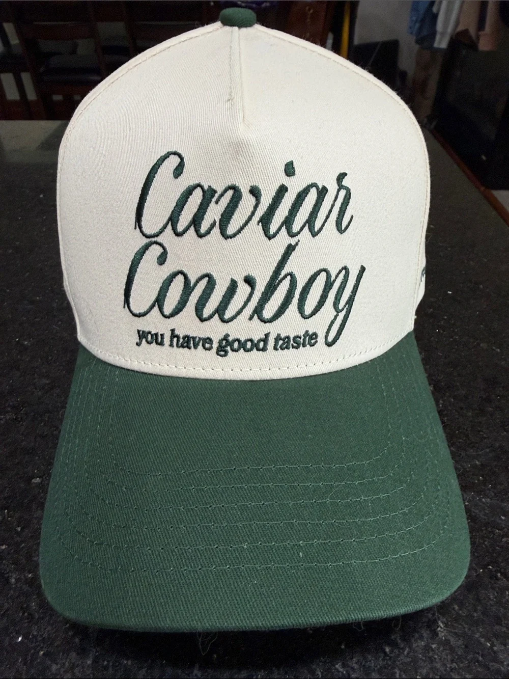 Caviar Cowboy Two-Tone Trucker Hat in White and Dark Green